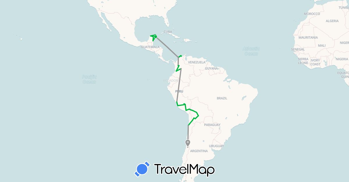 TravelMap itinerary: driving, bus, plane in Bolivia, Chile, Colombia, Mexico, Peru (North America, South America)